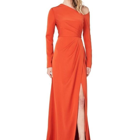 TANGERINE Prom Gown Kay Unger Long Sleeve  Asymmetrical Lined  Core NWT size 6 - Picture 4 of 9
